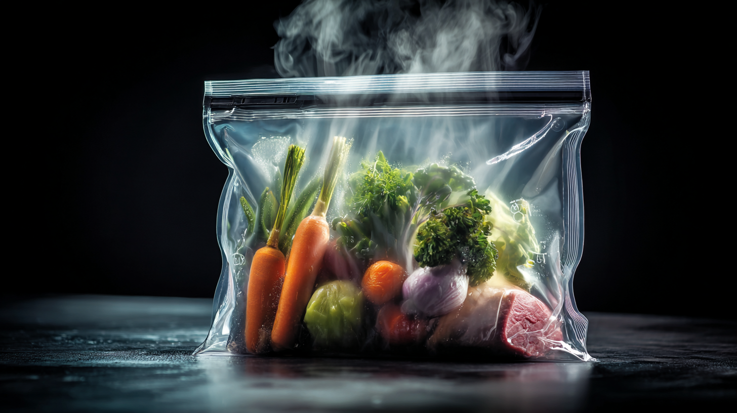 Sac sous vide transparent contenant des légumes et de la viande, plongé dans un bain-marie pour cuisson sous vide en cuisine professionnelle