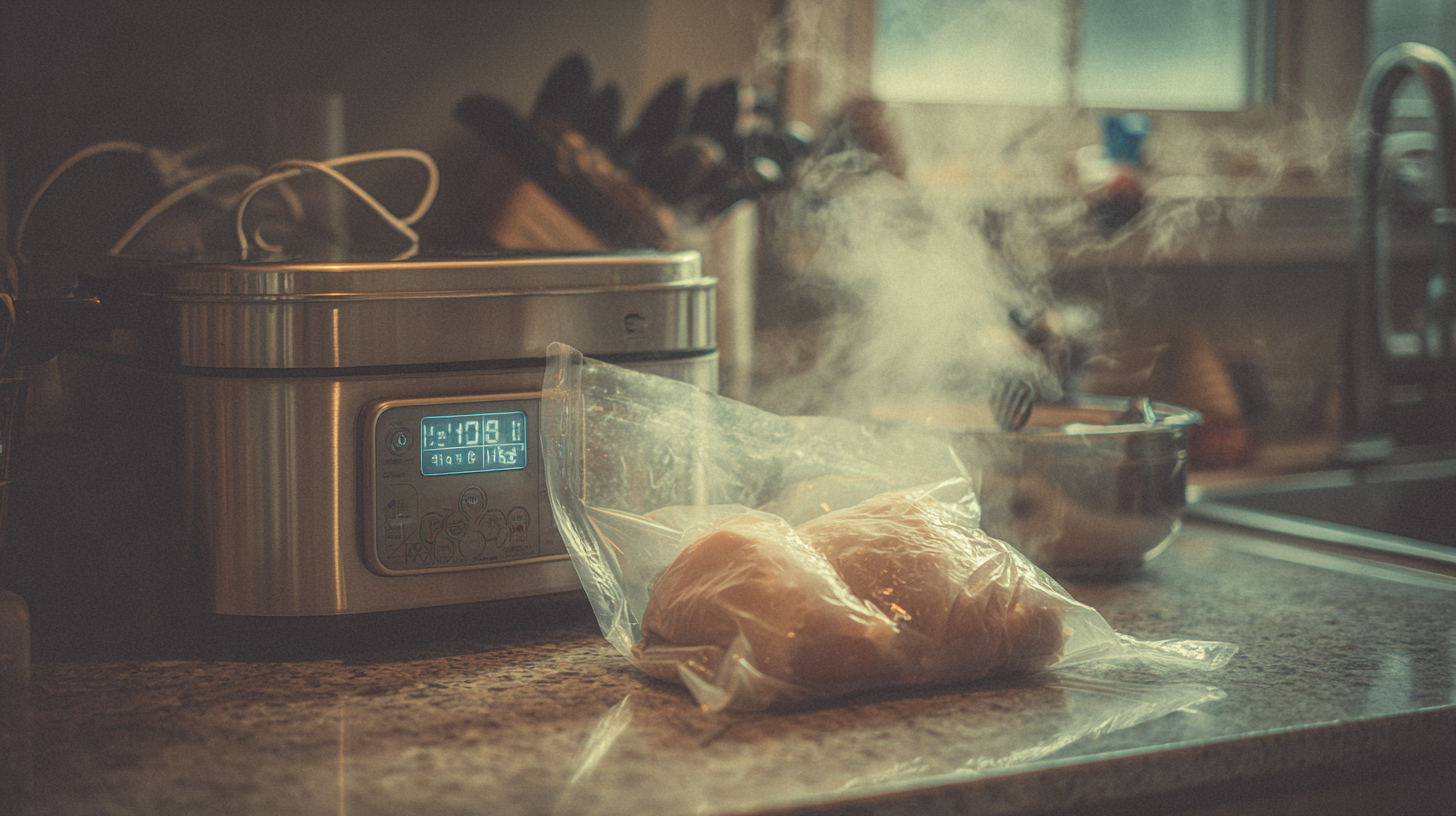 Blanc de poulet en cuisson sous vide dans un bain-marie avec sachet scellé