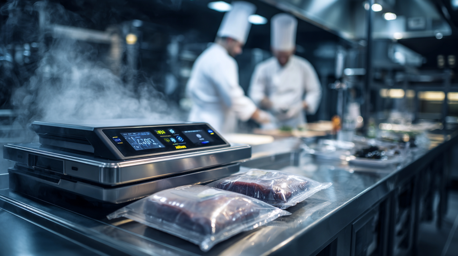 Gros plan d’un cuiseur sous vide professionnel en fonctionnement dans une cuisine industrielle, cuisson sous vide professionnel de précision avec sacs scellés.