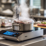 Thermoplongeur sous vide immergé dans un bain-marie avec aliments sous vide, cuisson précise à température contrôlée