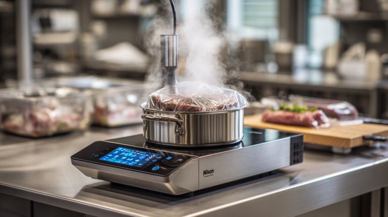 Thermoplongeur sous vide immergé dans un bain-marie avec aliments sous vide, cuisson précise à température contrôlée