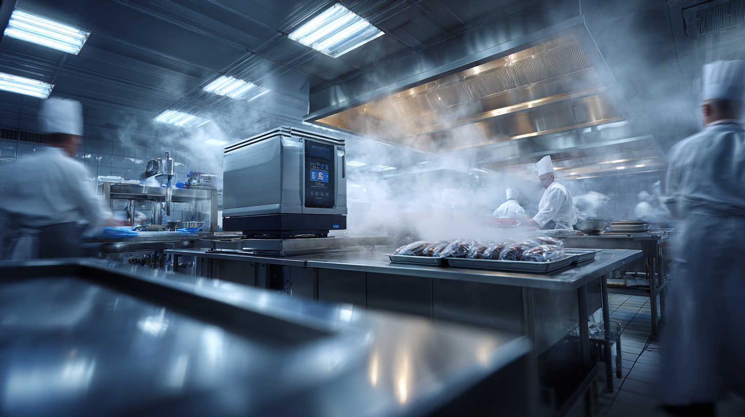 Atelier de production professionnelle utilisant un cuiseur sous vide, chefs manipulant des sacs sous vide, cuisson sous vide professionnel sur ligne inox moderne.